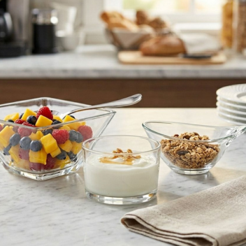 Glass bowls filled with fruit, yogurt and granola
