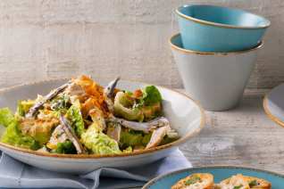 seafood salad in blue dish