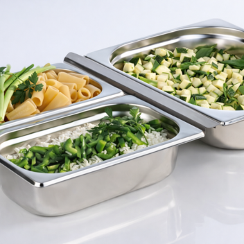 Serving trays with pasta, rice and vegetables